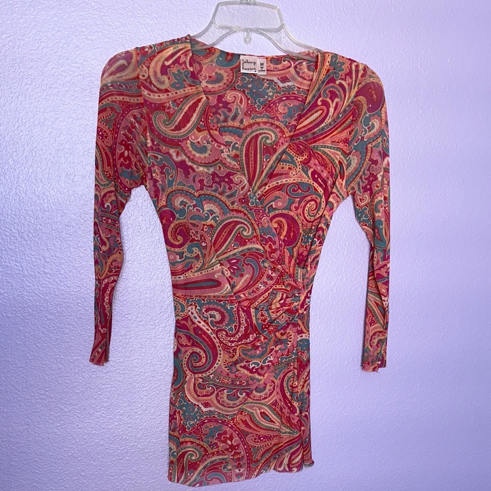 JOHNNY HEAVEN Cache Multicolor Sheer Paisley Long Sleeve Wrap Top